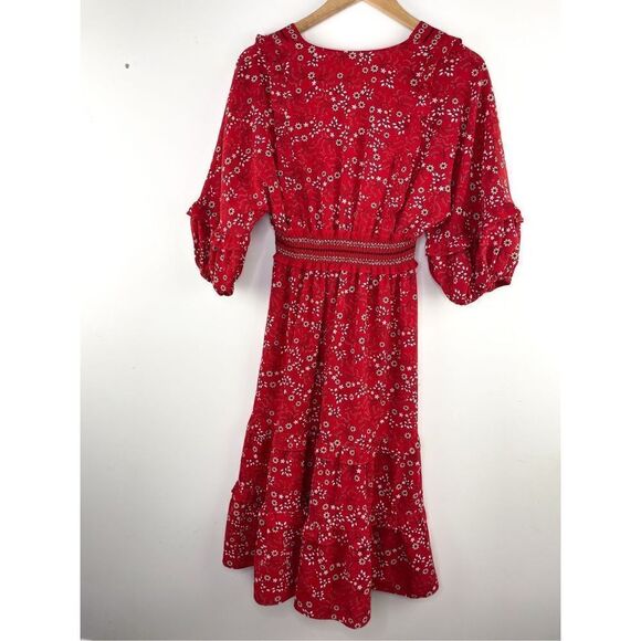 Max Studio V-Neck Empire Waist Dress in Red Size S Puff Sleeve Floral - Picture 9 of 10